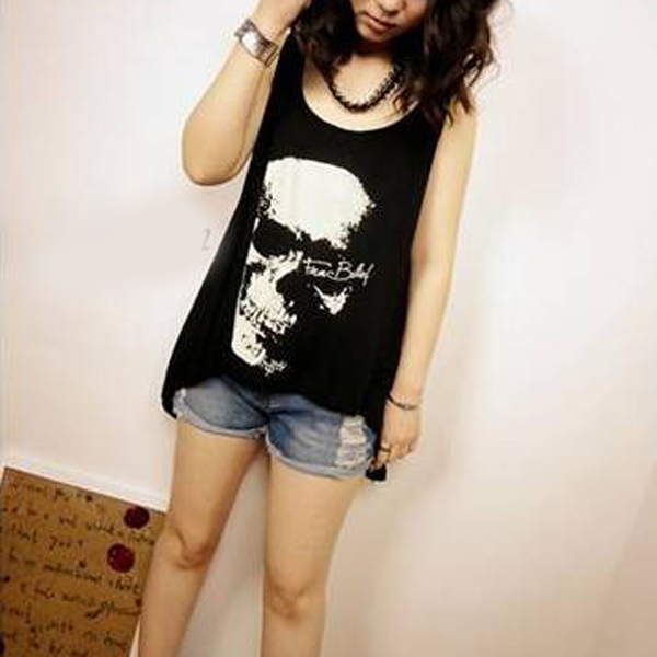 New 2014 Hot Irregular Hollow Tassel Skull Printed Women Tank Tops,Casual Women Pullovers,Summer Women Clothing