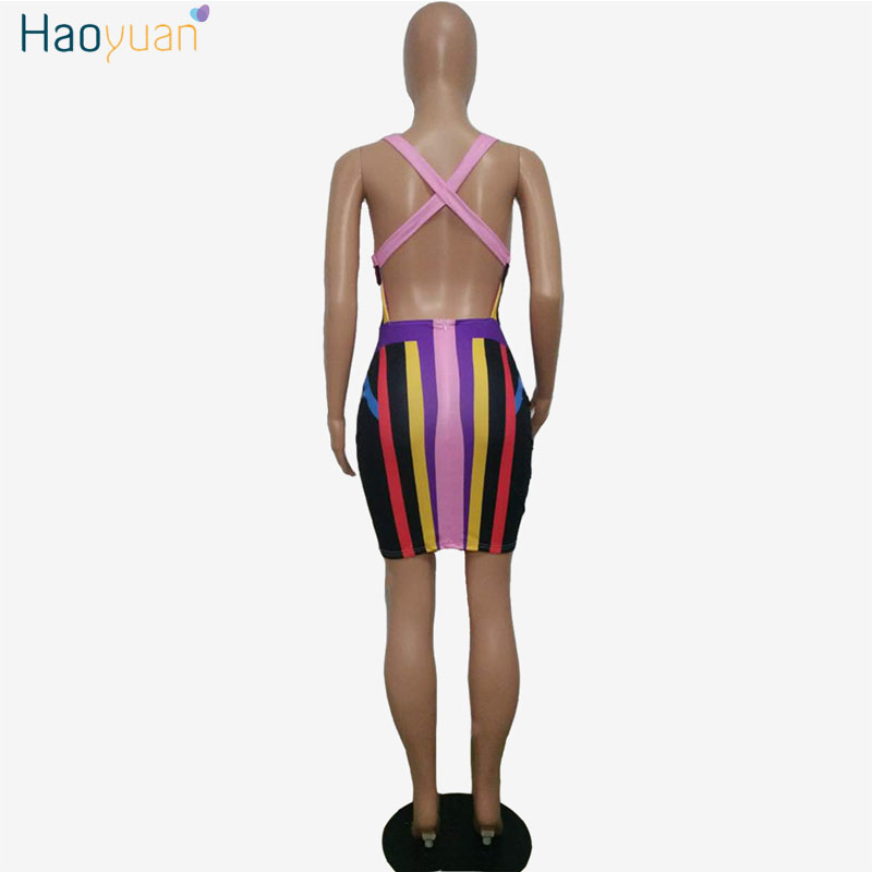 HAOYUAN Women Summer Sexy Dress Night Club Vestido V Collar Bandage Striped Dresses Backless Spaghetti Strap Tight Bodycon Dress q1110