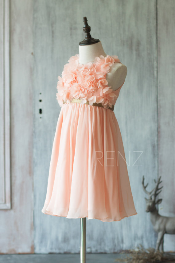 2020 Peach Junior Bridesmaid Dress, Spaghetti Strap Flower Girl Dress, Rosette dress, Gold Belt