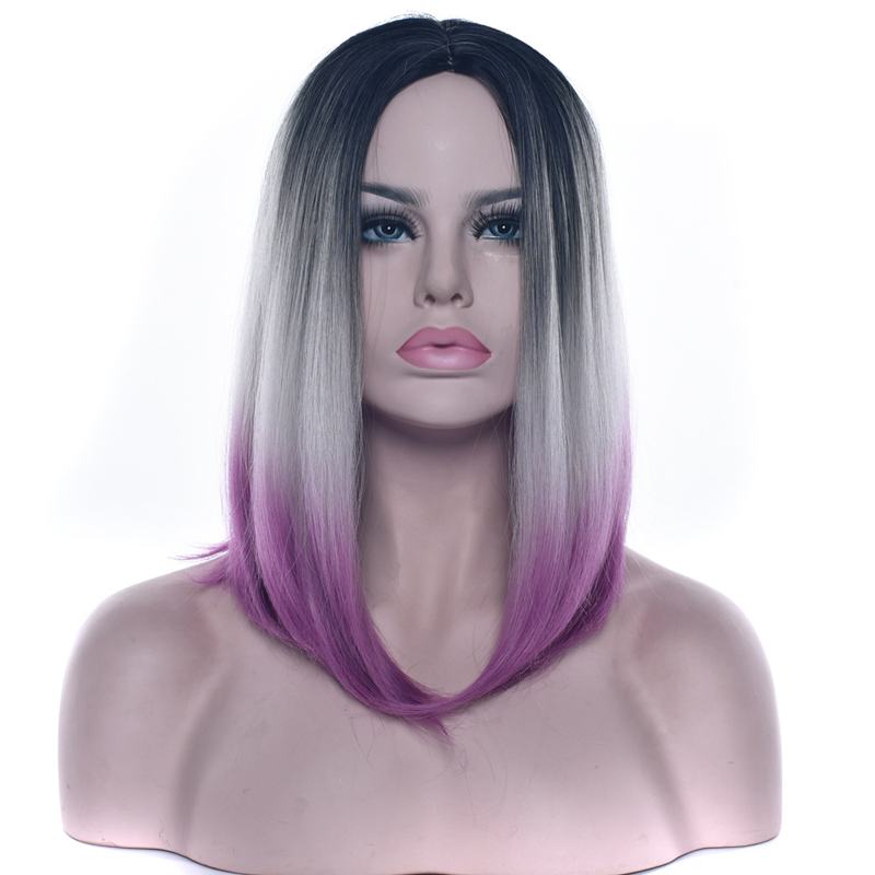 Straight Women Middle Part Full Lace Medium Wigs High Temperature Fiber Three Tone Ombre 14inch Synthetic Hair Pieces