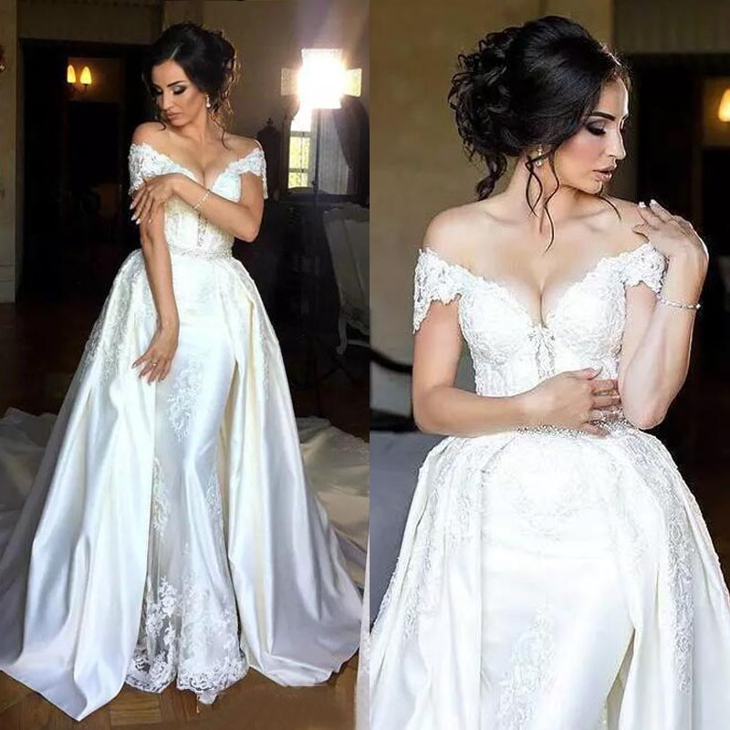 Sexy Off Shoulder Mermaid Wedding Dresses With Detachable Skirt 2018 Lace Applique Beaded Sash Chapel Train Bridal Gowns Custom EN11147, Champagne
Sexy Off Shoulder Mermaid Wedding Dresses With Detachable Skirt 2018 Lace Applique Beaded Sash Chapel Train Bridal Gowns Custom EN11147, Champagne