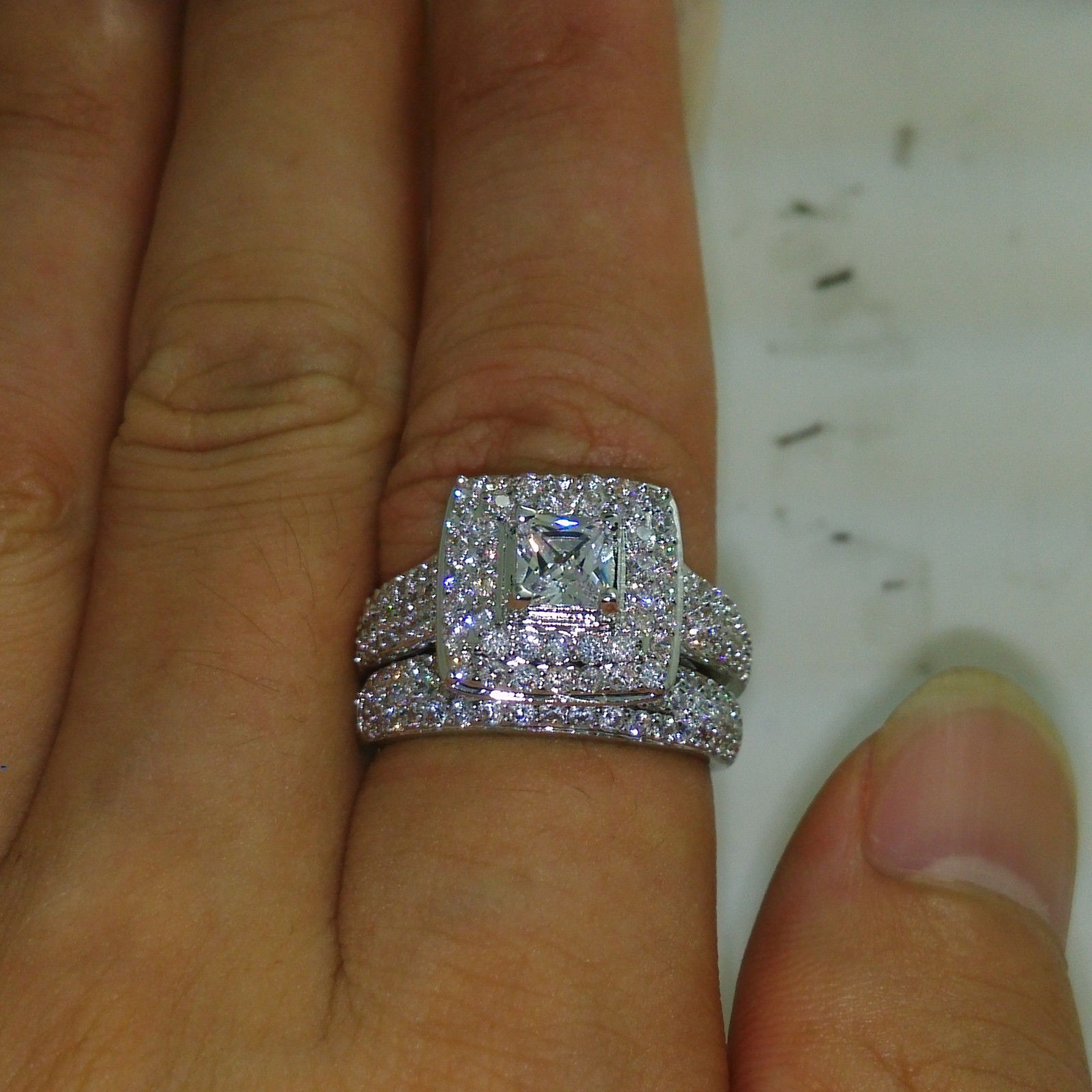 Size 5/6/7/8/9/10 Jewelry princess cut 14kt white gold filled full topaz Gem simulated diamond Women Wedding Engagement ring set gift