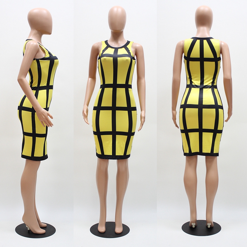 Women Summer Dress 2017 Bodycon Sundresses Green Yellow Robe Sexy Club Plaid Bandage Dress Casual Vestidos Short Party Dresses q1110