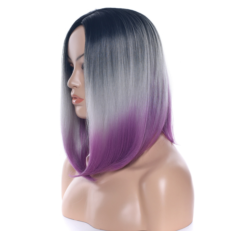 Straight Women Middle Part Full Lace Medium Wigs High Temperature Fiber Three Tone Ombre 14inch Synthetic Hair Pieces