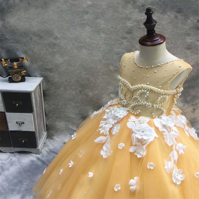 pearls major beading floor length jewel custom made light yellow color kids formal wear applique flower girl dresses