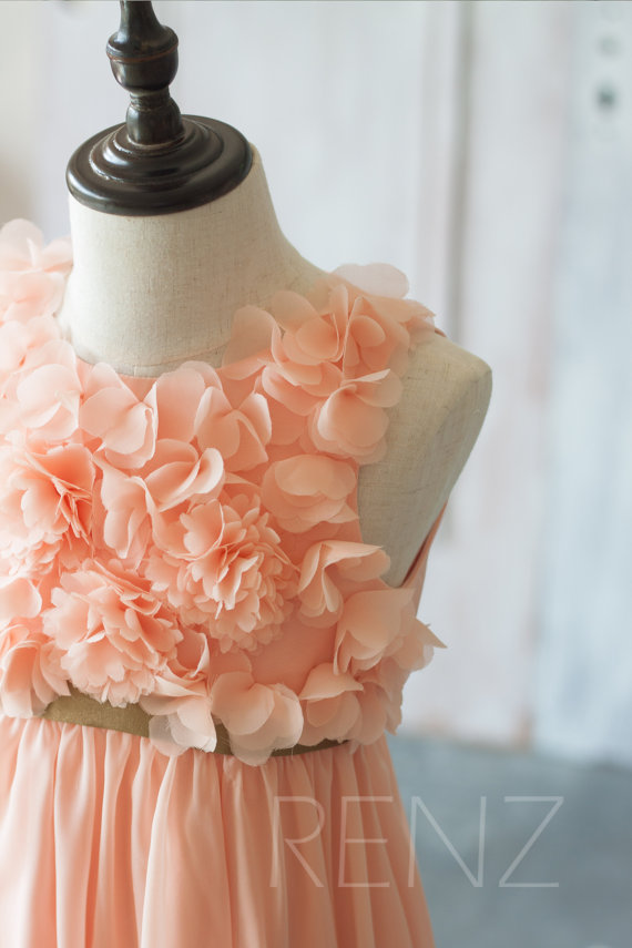 2020 Peach Junior Bridesmaid Dress, Spaghetti Strap Flower Girl Dress, Rosette dress, Gold Belt