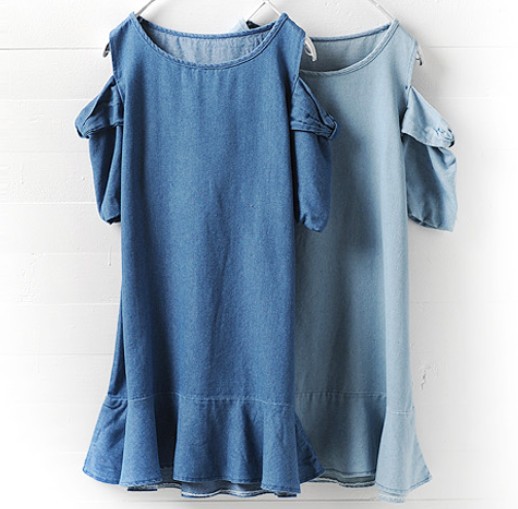 2015 Summer New Fashion Plus Size Strapless Lotus Sleeve Round Neck Short Sections Dress Women's Solid Denim Dress Free Shipping FG1511