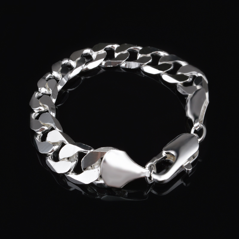 Free shipping trendy fashion high quality 925 silver Men's 12MM flat One Interval one Classic Bracelet jewelry holiday gift 1790