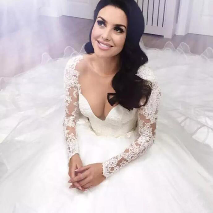 Elegant 2017 Lace Long Sleeve Ball Gown Wedding Dresses Tulle Sheer V Neck Tiered Long Bridal Gowns Custom Made China EN11105