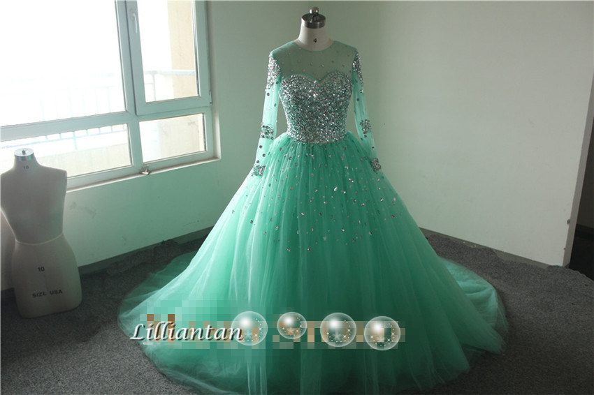 Real Image Long Sleeve Wedding Dress Crystal Robe Mariage Sheer Crew Neck Ball Gown Wedding Gowns Vestido De Noiva 0510