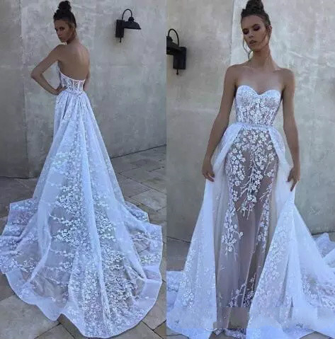 Modest Mermaid Wedding Dresses With Detachable Skirt Sweep Train Sweetheart Illusion Sexy Bohemian Wedding Dress Plus Size Boho Bridal Gown