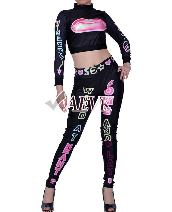 Autumn Women Sexy Jumpsuit Lip Rompers Printing Bodycon Playsuit Bodysuit 2 Piece Club Bandage Jumpsuits S M L #6 SV004560