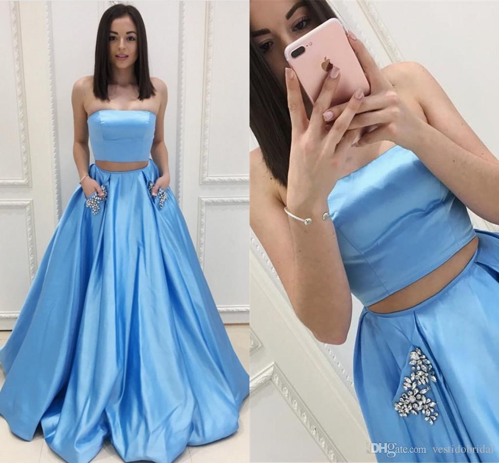 Light Blue Two Piece Prom Gowns Strapless Beaded A Line Satin Pockets Floor Len…