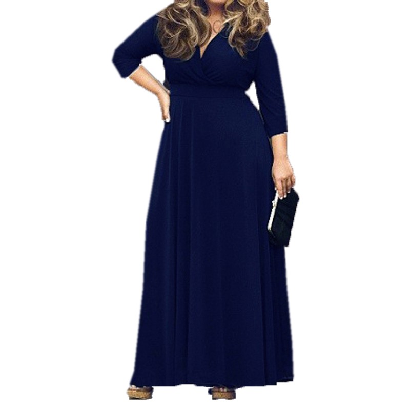 L-6XL New 2015 Zanzea Fashion Elegant Women Dress Spring Autumn 3/4 Sleeve Sexy V-Neck Big Hem Maxi Long Party Dresses Vestidos FG1511