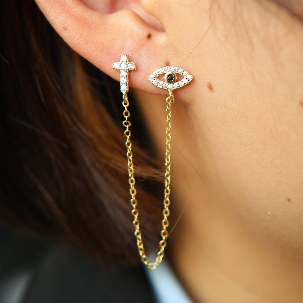 Sterg Sier Double Hole Evil Eye Charm Dangle Earrings