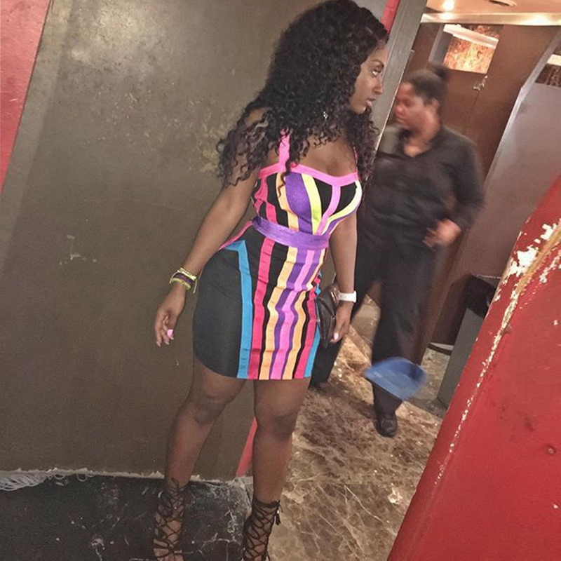 HAOYUAN Women Summer Sexy Dress Night Club Vestido V Collar Bandage Striped Dresses Backless Spaghetti Strap Tight Bodycon Dress q1110