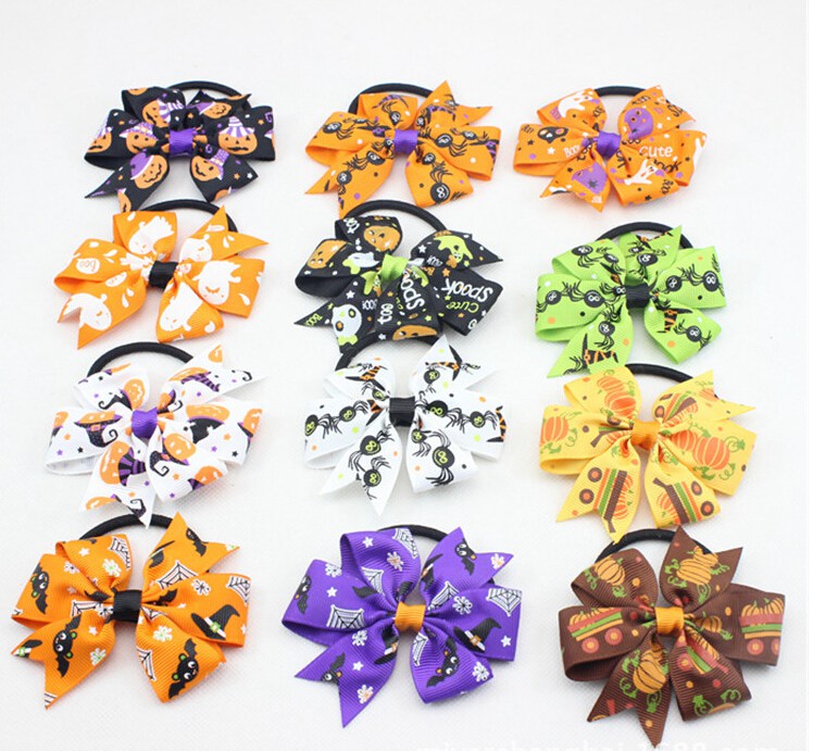 Happy Halloween hair bows clips spook Hair Tie Rope Bow Band cartoon 3" baby pumpkin chevron Hair bobbles Elastic Hair Band PJ5287