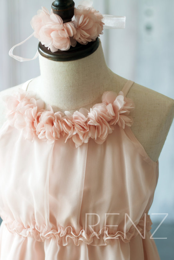 2020 Blush Pink Junior Bridesmaid Dress, Ruffle Flower Girl Dress, Rosette dress, Floor length, Floral Headdress