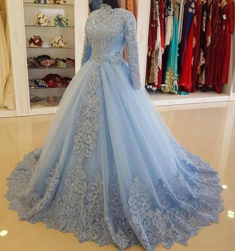 Charming Blue Muslim Lace Ball Gown Dresses With Long Sleeves High Neck Appliqued Bridal Dress Tulle Beading Plus Size Wedding Gowns