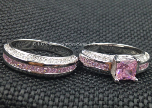 10K White Gold Filled Pink Sapphire Princess Cut Wedding Ring Set for Women