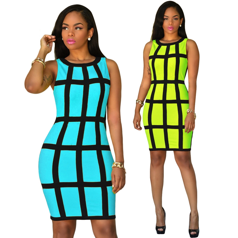 Women Summer Dress 2017 Bodycon Sundresses Green Yellow Robe Sexy Club Plaid Bandage Dress Casual Vestidos Short Party Dresses q1110