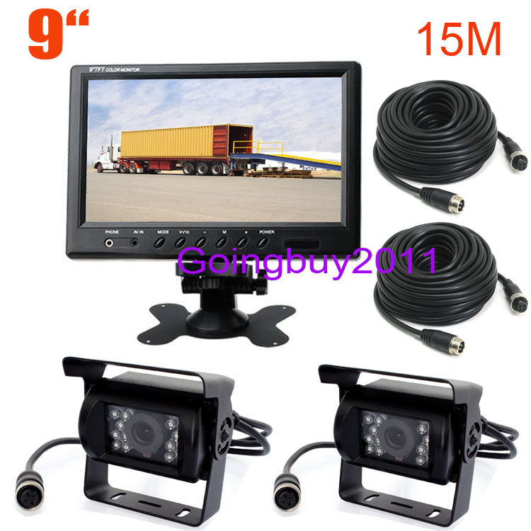 2x 4Pin 18 LED IR Car Reversing Camera Free 15m Cable + 9" LCD Monitor for Bus Truck Fast shipping