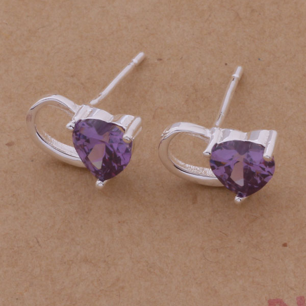 Fashion (Jewelry Manufacturer) 40 pcs a lot Big Purple heart diamond earrings 925 sterling silver jewelry factory Fashion Shine Earrings