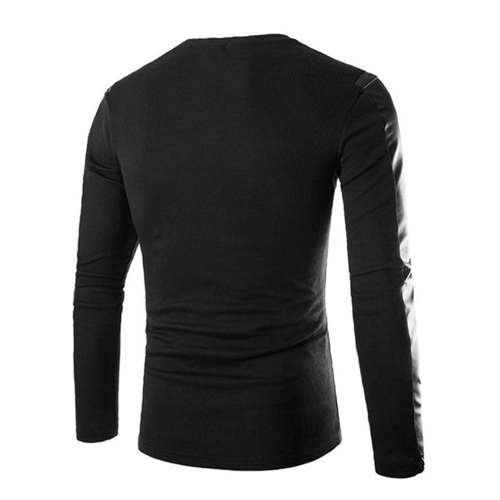 New 2014 Mens Fashion Crew Neck PU Leather Splice Long Sleeve Slim Kintted Top Tee Casual T-shirt Black Size L XL XXL FG1511