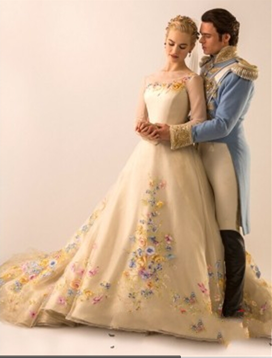 Formal evening dresses 2015 Sheer Neck Appliques Chapel Train long sleeve prom dress Zipper Back Cinderella ball gown Tulle bridal Gowns