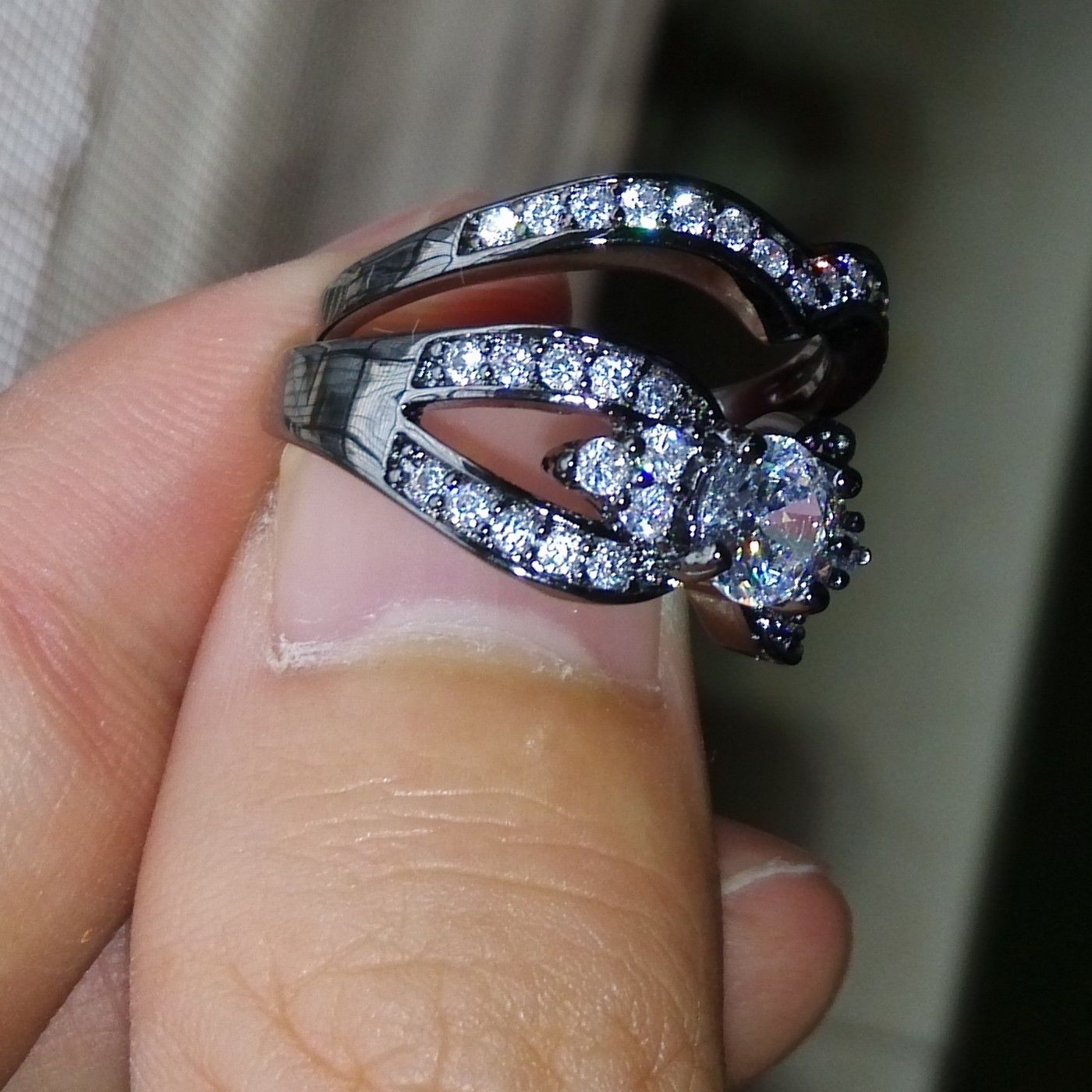 Engagement Ring Set: 10k Black Gold Filled White Topaz CZ Gem Simulated Dia, Size 5-10