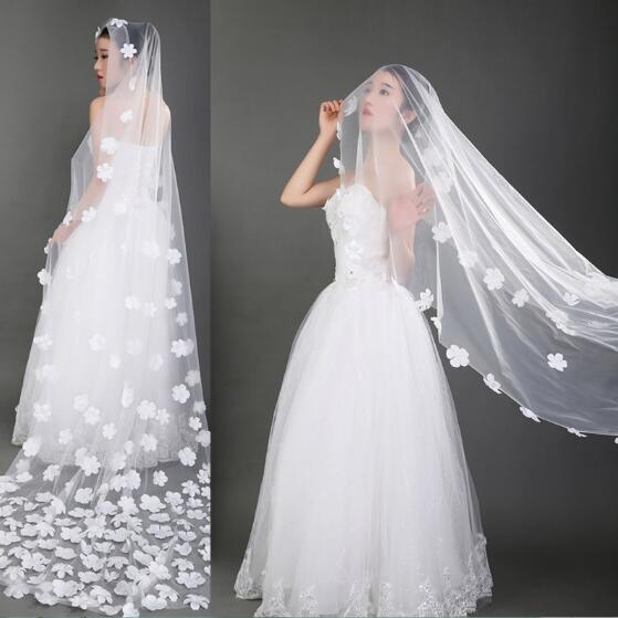 Bridal Veils Long Veils Soft Tulle Three Meters Long Veil with Lace Cathedral Veils White Ivory Veils HT73