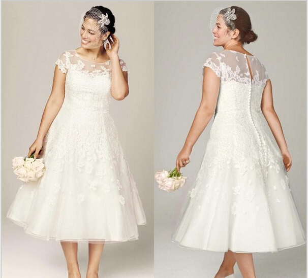 Sheer Lace Wedding Dresses with Illusion Neckline Short Sleeve Tea Length Bridal Gowns Appliques 2015 Plus Size Wedding Gowns, White
Sheer Lace Wedding Dresses with Illusion Neckline Short Sleeve Tea Length Bridal Gowns Appliques 2015 Plus Size Wedding Gowns, White