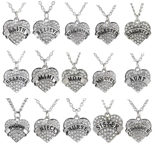 5PCS/lot Clear Rhinestones Heart Pendant Necklace With Aunt Blessed Hope Mom Grandma Daughter Etc. Word Letters Fit For Family Gift
5PCS/lot Clear Rhinestones Heart Pendant Necklace With Aunt Blessed Hope Mom Grandma Daughter Etc. Word Letters Fit For Family Gift