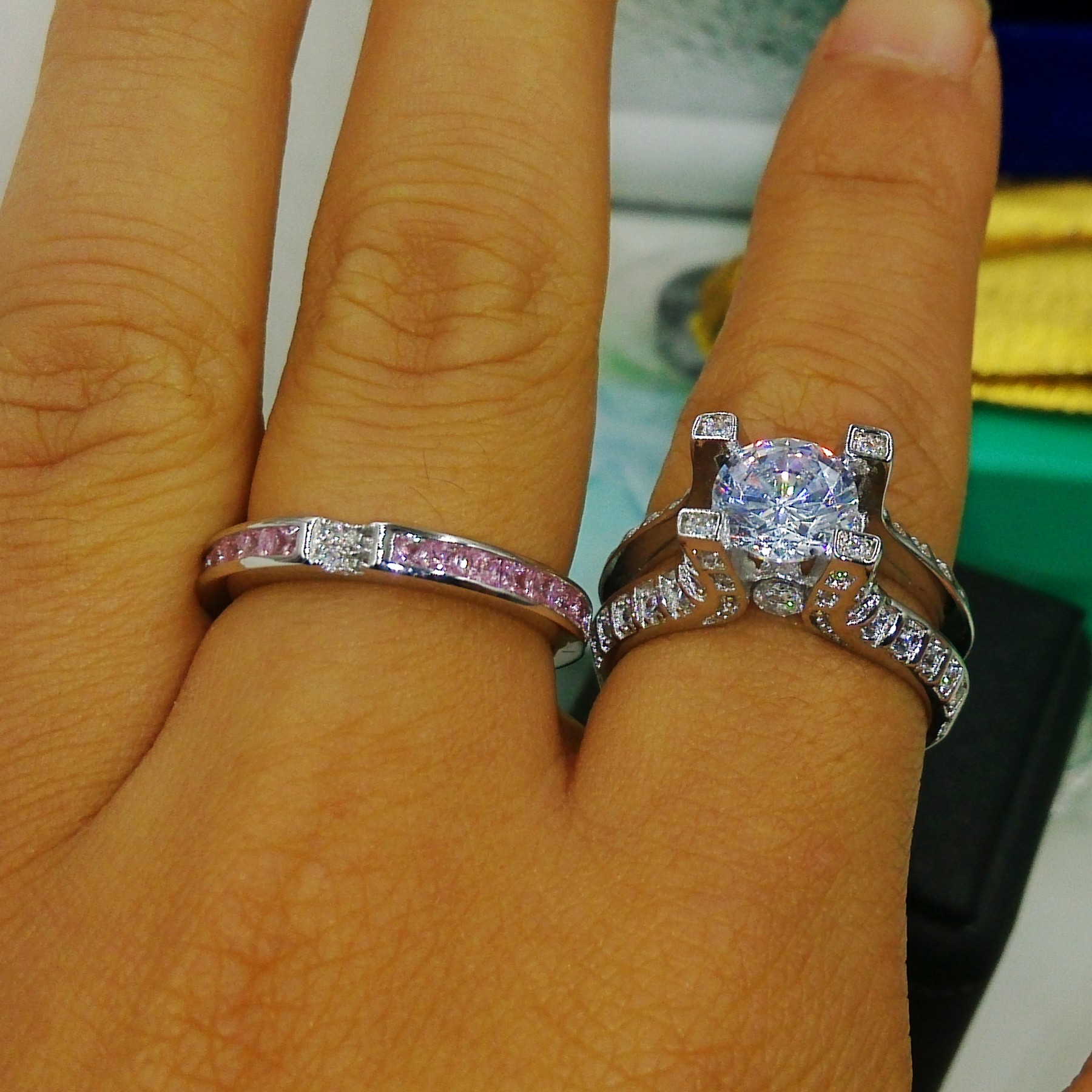 Retro 10K White Gold Filled Pink Sapphire Gem Engagement Ring Set | 5-10 US Sizes