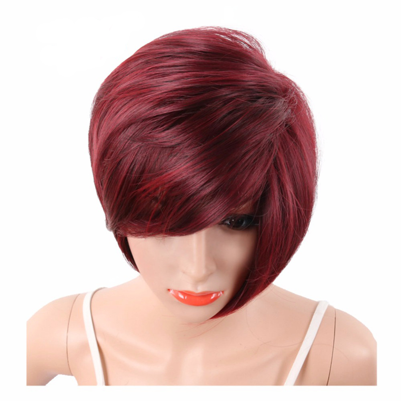 Wine Red Short Pixie Cut Synthetic Wigs For Black Women With Side Bangs Natural Straight Heat Resistant Party Full Wig