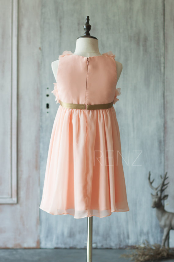 2020 Peach Junior Bridesmaid Dress, Spaghetti Strap Flower Girl Dress, Rosette dress, Gold Belt