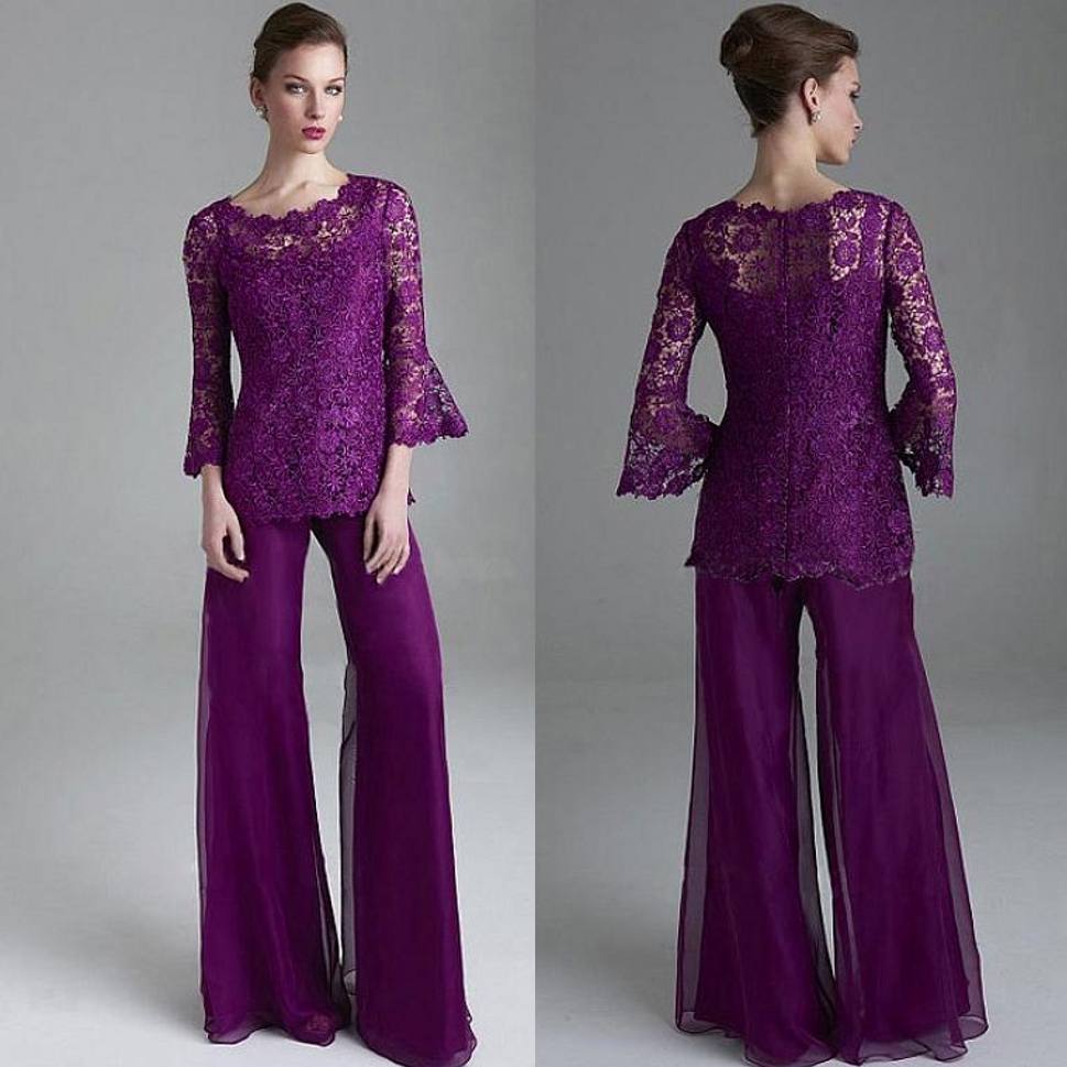 Classy Purple Lace Mother Of The Bride Pant Suits Sheer Jewel Neck Long Sleeves Wedding Guest Dress Plus Size Chiffon Mothers Groom Dresses