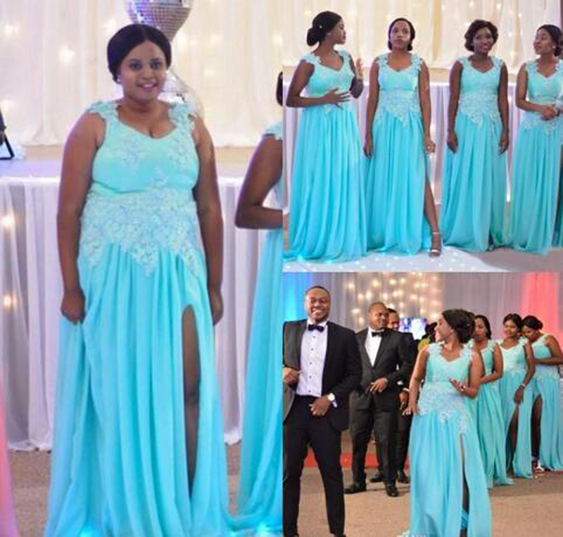 African 2017 Light Sky Blue Chiffon Bridesmaid Dresses Long White Lace Applique Side Split Maid Of Honor Dress Plus Size Custom EN120911
African 2017 Light Sky Blue Chiffon Bridesmaid Dresses Long White Lace Applique Side Split Maid Of Honor Dress Plus Size Custom EN120911