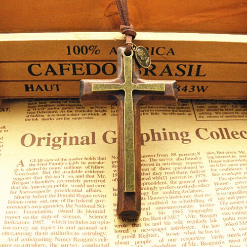 Xmas gifts Double alloy wooden Cross pendant necklace vintage sweater chain Leather cord men women jewelry handmade stylish