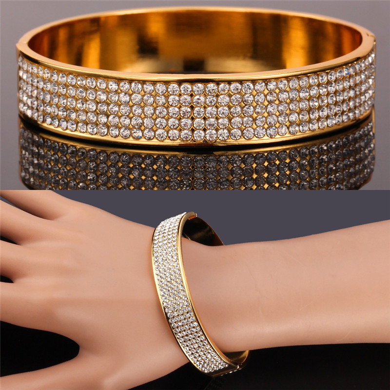 Gorgeous 400 PCS Austrian Rhinestones Cuff Bracelets Women's 18K Real Gold Plated High Quality Big Bangles
