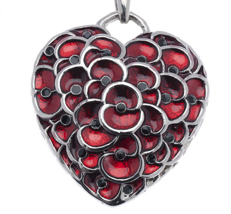 NEW Ruby Red Enamel Heart Poppy Pendant Necklace Jewelry British Stylish Remembrance Souvenir White Gold