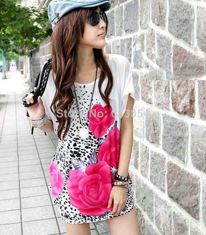 Yang New Arrival 1PC Women Short Sleeves Loose Rose Print T Shirt Blouse Zpassion