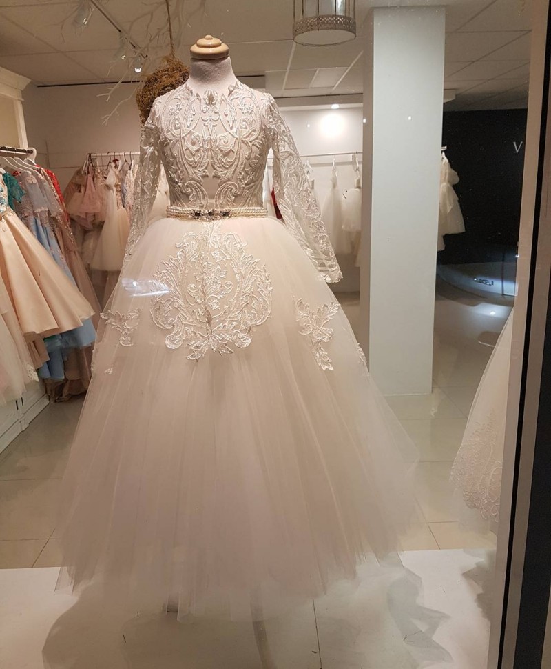 Real Picture Long Sleeve Girls Pageant Dresses Applique Floor Length Flower Girl Dress For Wedding Gown Kids Formal Dress Christmas Wear