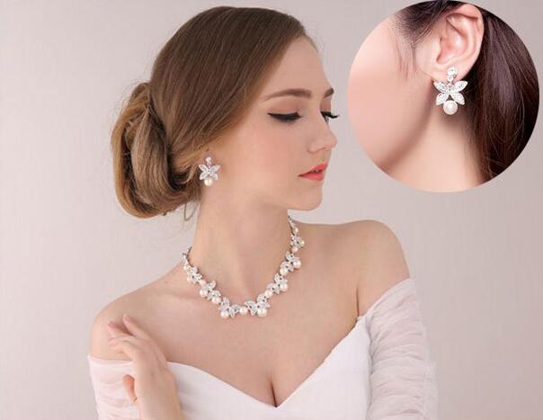 Wedding Rhinestone Pearl Necklace+Earrings Wedding Bridal Jewelry Sets wedding accessories bridalmaid dress party wedding jewelry HT035