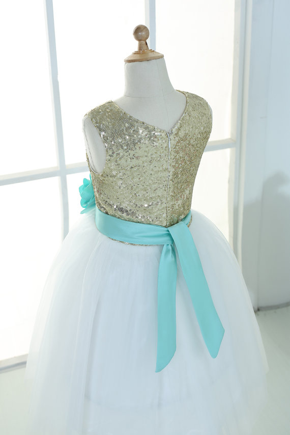 Gold sequins ivory tulle flower girl dress tutu princess kids children junior bridesmaid dress with mint sash detachable for wedding