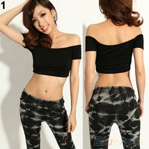 New Hot fashion Sexy solid Women's Casual Off-Shoulder Skintight Midriff T-Shirts Tops Blouses Crop 02A2