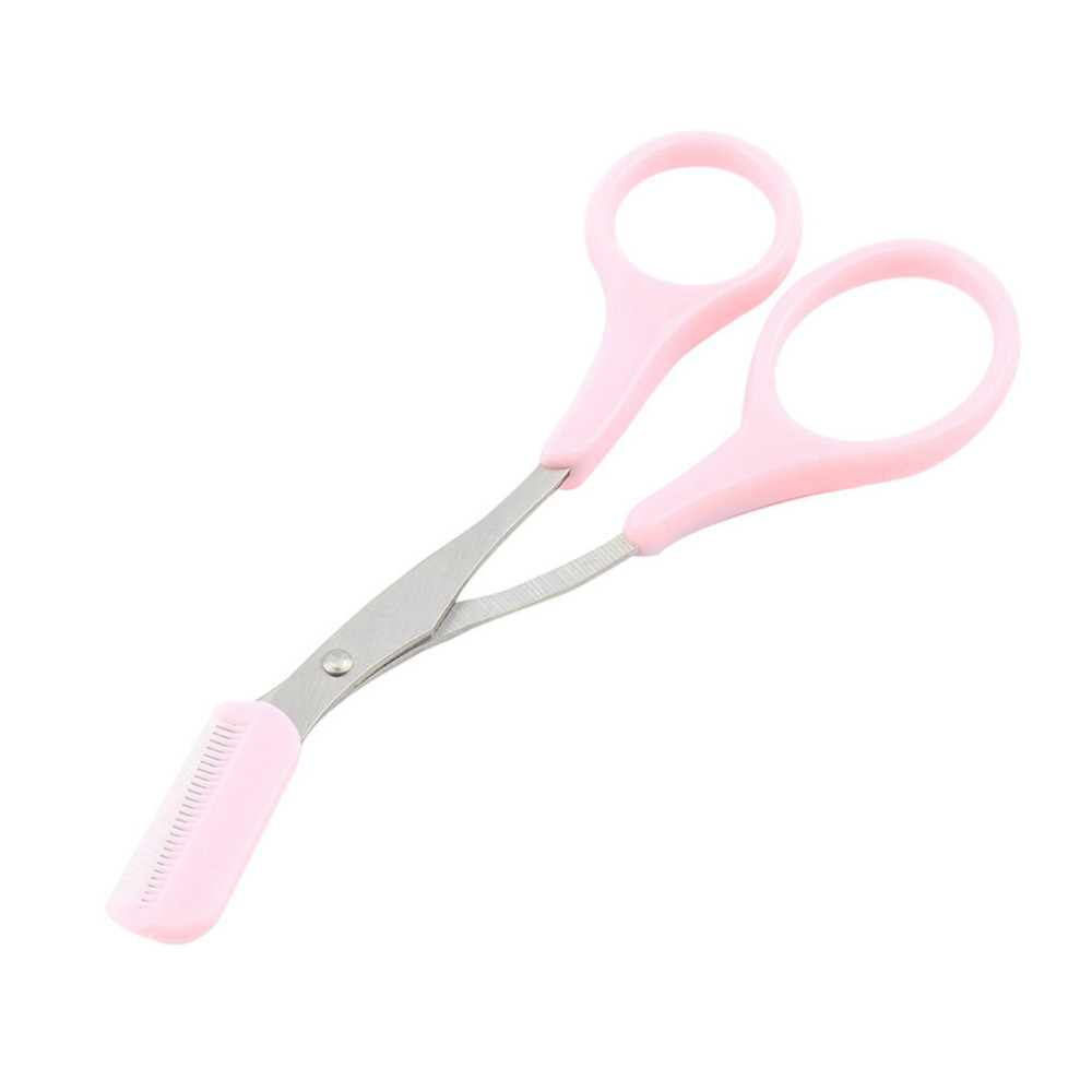 Girl Lady Eyebrow Trimmer Eyelash Thinning Shears Comb Eyelash Hair Clips Scissors Shaping Eyebrow Grooming Cosmetic Tool Pink XB1