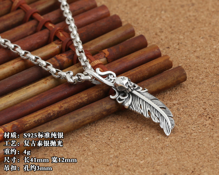 Personalized Brand new 925 sterling silver fashion jewelry necklace pendant American vintage style cute feather & skull free shipping gift