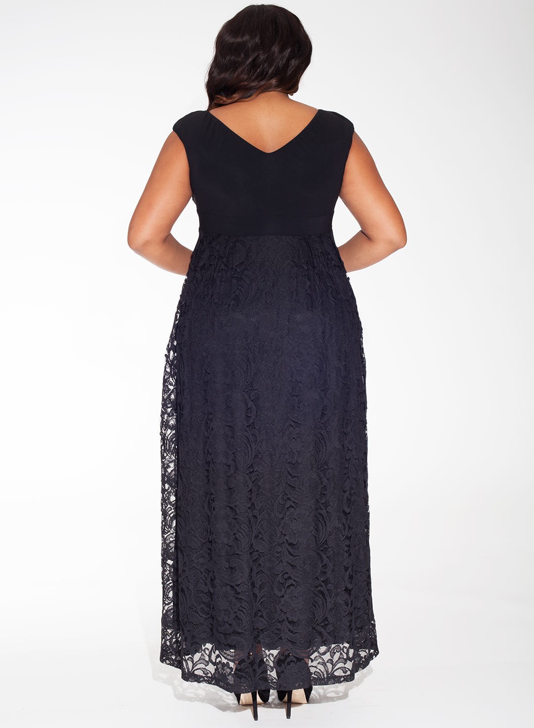 Top Fashion Plus Size Black Lace Prom Dress A Line Ankle Length V-Neck Hollow Capped Evening Gowns Prom Dresses