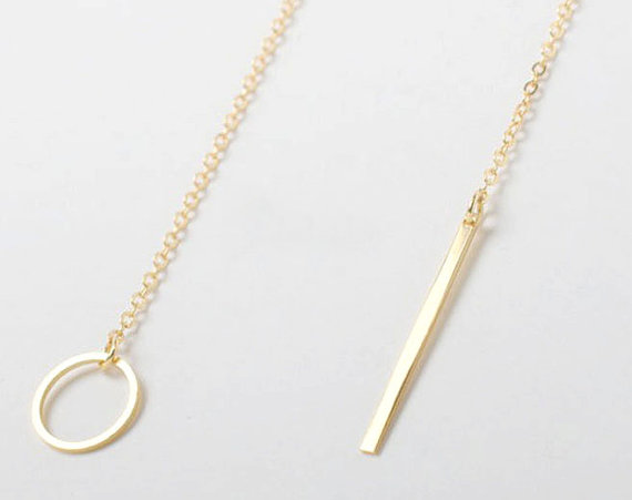 10PCS- N023 Gold Silver Dainty Minimalist Circle with bar Necklace Metal Square Round Necklaces Simple Y shape stick necklace